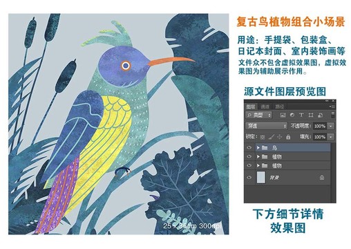 復古植物和鳥