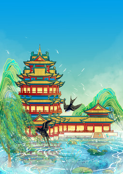 南京地標建筑插畫閱江樓豎版