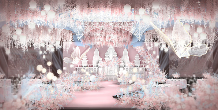 梦幻蓝粉色婚礼效果图厅内设计