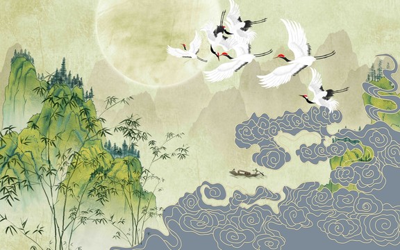 山水祥云仙鶴竹子背景墻