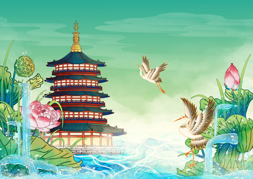 杭州地標(biāo)建筑插畫雷峰塔橫版