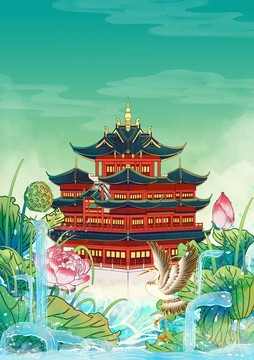 杭州地标建筑插画城隍阁竖版