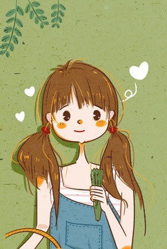 綠色夏日吃黃瓜女孩溫馨插畫