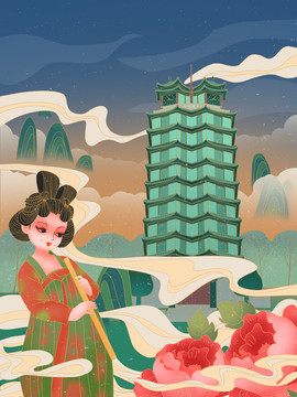 鄭州二七塔侍女旅游國潮插畫