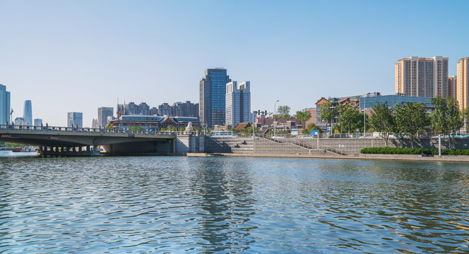 天津城市天际线和海河上的桥梁