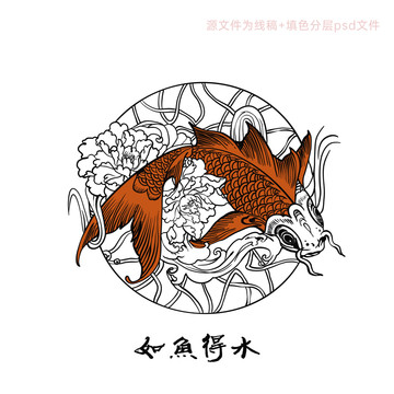 如鱼得水锦鲤吉祥插画