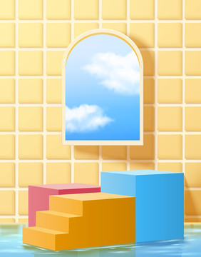 梦幻瓷砖墙漂浮窗户彩色展台背景