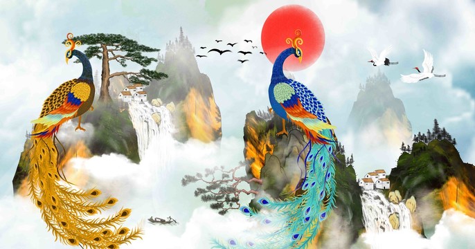 孔雀山水背景墻