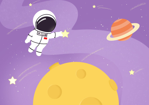 宇航员月球太空漫步卡通插画