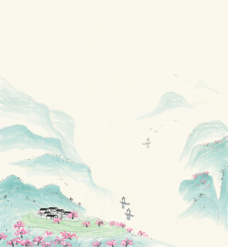 海棠山川中国风水墨插画