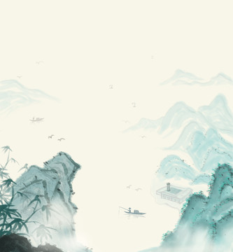 竹子山河中國風(fēng)水墨插畫