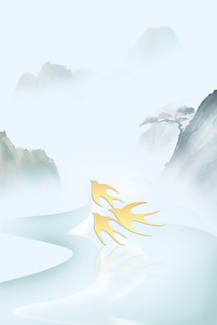 春天金色燕子中國(guó)風(fēng)山水背景