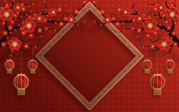 紙雕風(fēng)春節(jié)燈籠及花卉 菱形花窗對(duì)稱廣告模板