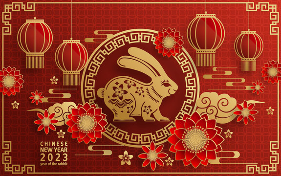 紙雕風(fēng)2023兔年花窗賀圖