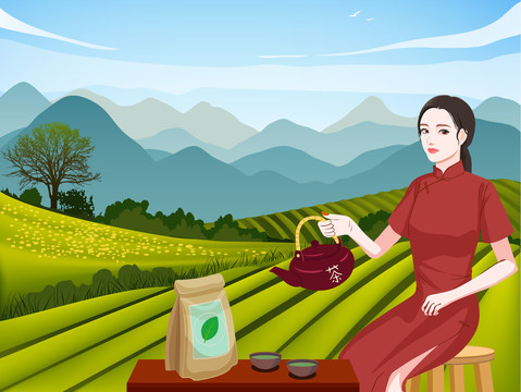 手绘插画茶叶茶山泡茶美女