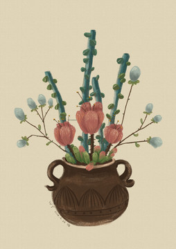 復(fù)古花卉植物手繪作品