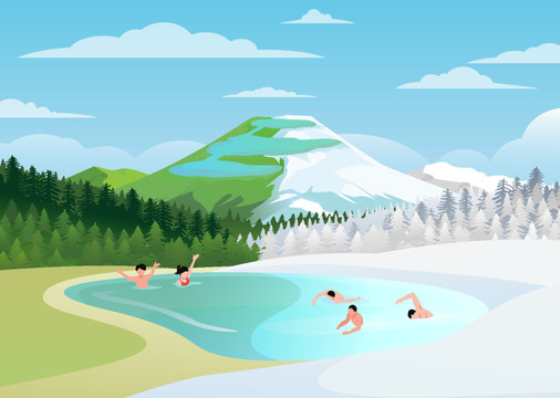 卡通矢量旅游插畫冰雪夏季交融