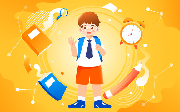 開學(xué)季小孩背著書包上學(xué)插畫
