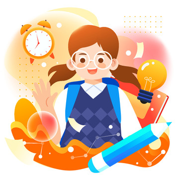 開學(xué)季小孩背著書包上學(xué)插畫