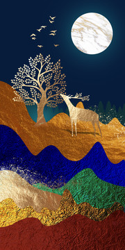 轻奢麋鹿珐琅彩浮雕晶瓷画