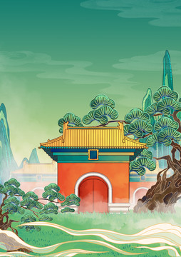 沈陽古建筑插畫清永陵豎版