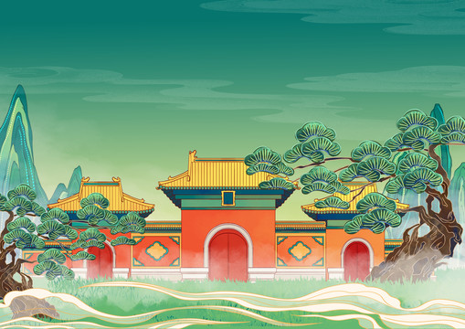 沈陽(yáng)地標(biāo)古建筑插畫(huà)清昭陵北陵