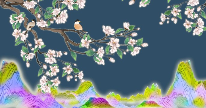 國潮花鳥山水插畫