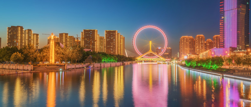 天津城市天際線和海河橋梁夜景