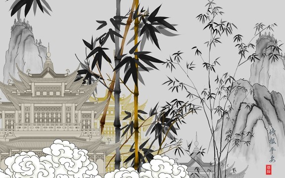 水墨竹子閣樓