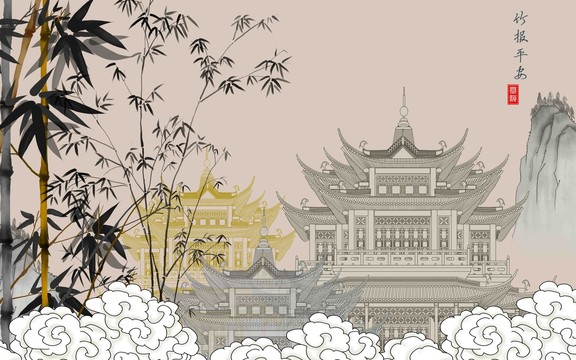 水墨竹子閣樓插畫(huà)