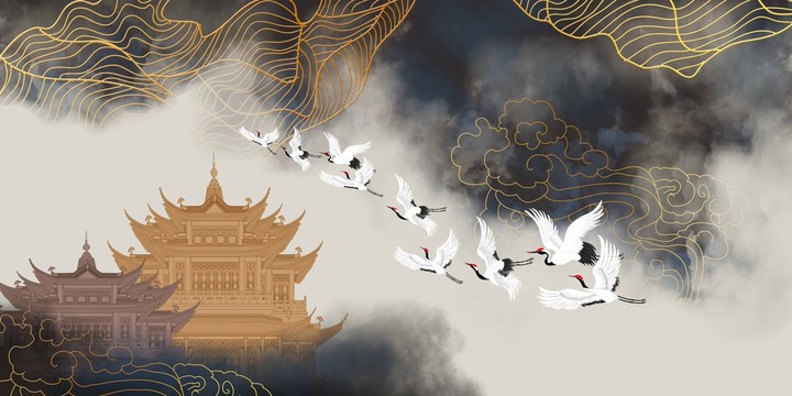 閣樓仙鶴金線背景墻