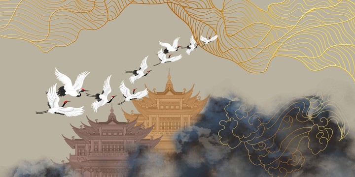 閣樓瑞鶴圖金箔線條
