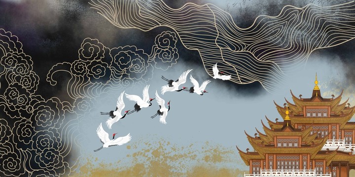 新中式閣樓瑞鶴圖