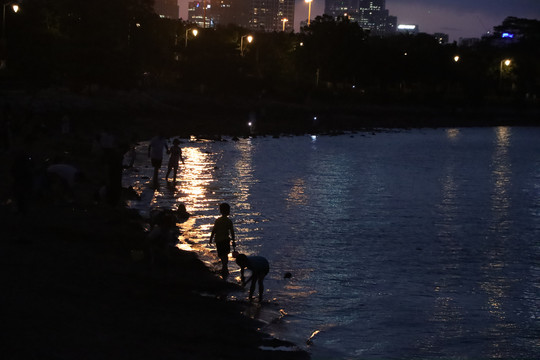 海边剪影都市湖边晚上