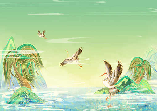 山水柳樹仙鶴國風插畫背景