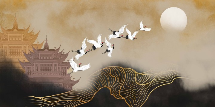 古典線條閣樓瑞鶴圖