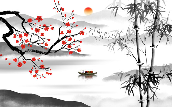竹梅山水畫