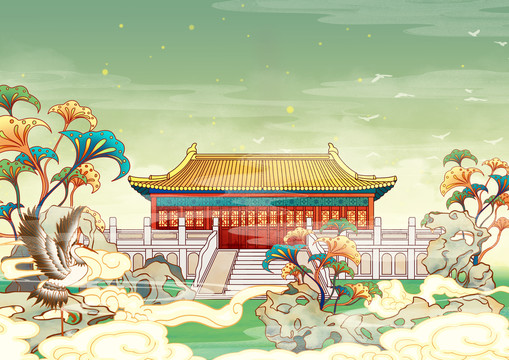 天津地標(biāo)古建筑插畫文廟橫版