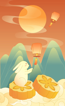 中秋节玉兔坐在月饼上放孔明灯