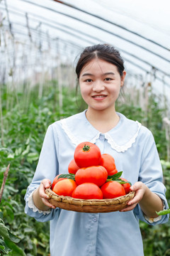 女孩手上端着一篮沙瓤西红柿