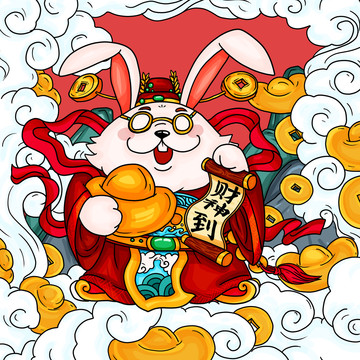 手繪國(guó)潮財(cái)神兔