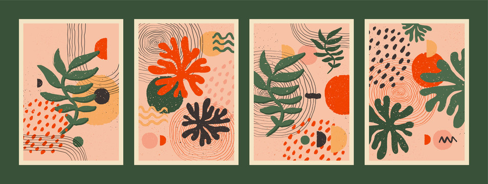 鮮艷紅綠植物曲線抽象插圖