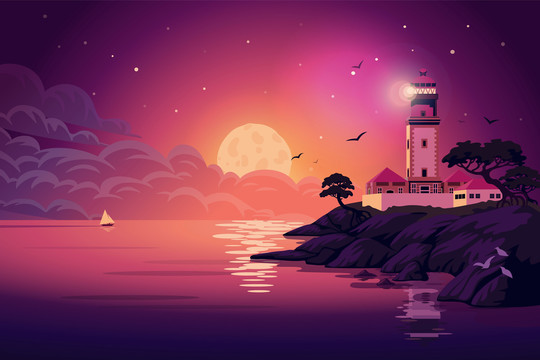 浪漫夕陽照映燈塔插圖