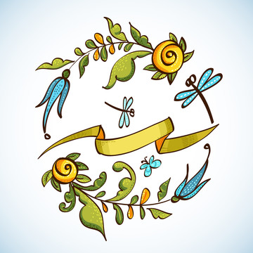 花卉植物圓框插圖