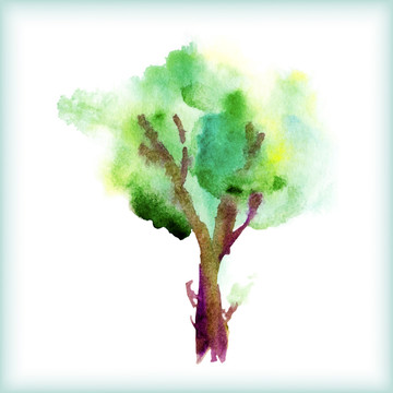 水彩暈染綠樹插圖