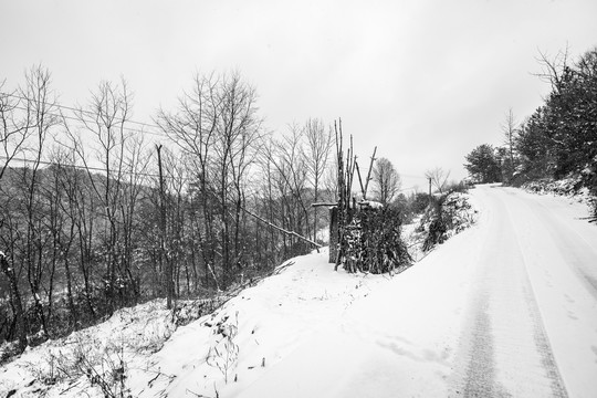 中国农村积雪覆盖的乡间小路