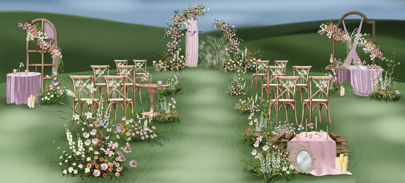 粉色户外草坪婚礼