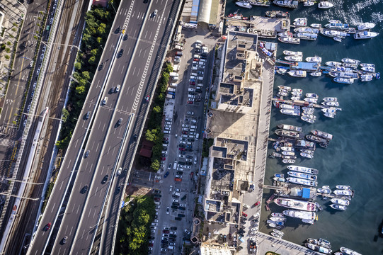 航拍城市道路交通和港口码头