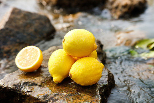 石头上放着安岳黄柠檬