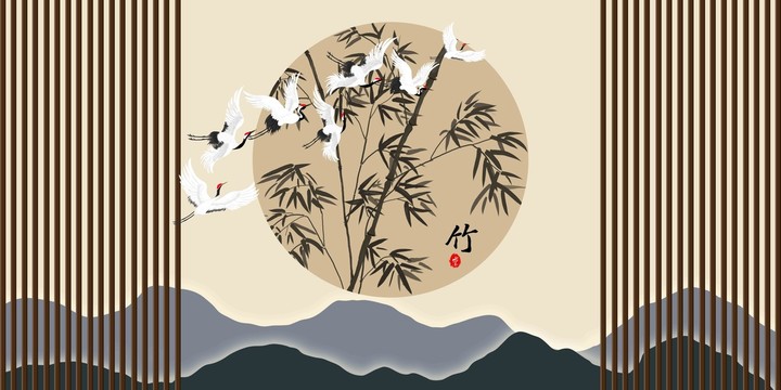 柵格山水水墨竹背景墻